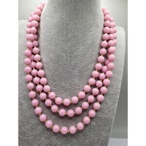 Vintage Pink Triple Strand Bead Necklace Gold Tone Flower Clasp 1960s
